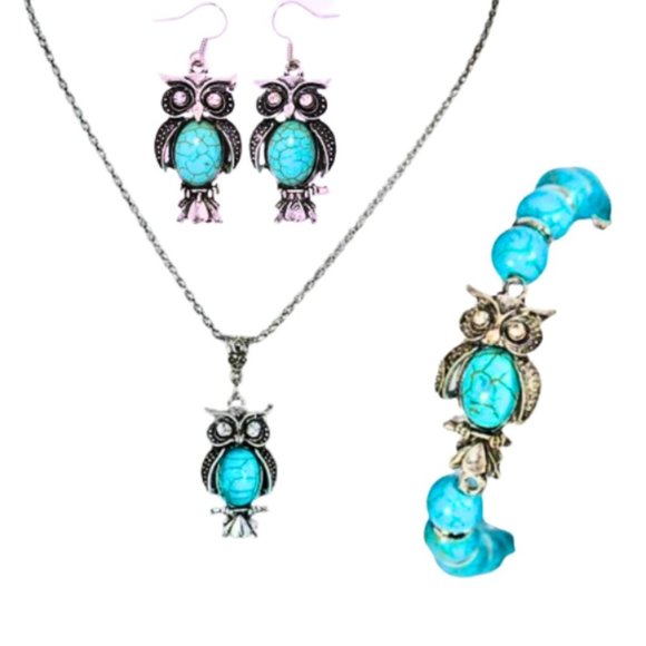 Turquoise Vintage Style Owl Earrings Bracelet Necklace Set Rhinestones - Picture 2 of 2